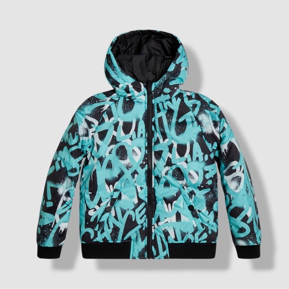 Guess Kids Boy's Green Digital Print Reversible Padded Jacket Size 14 - Picture 2 of 16